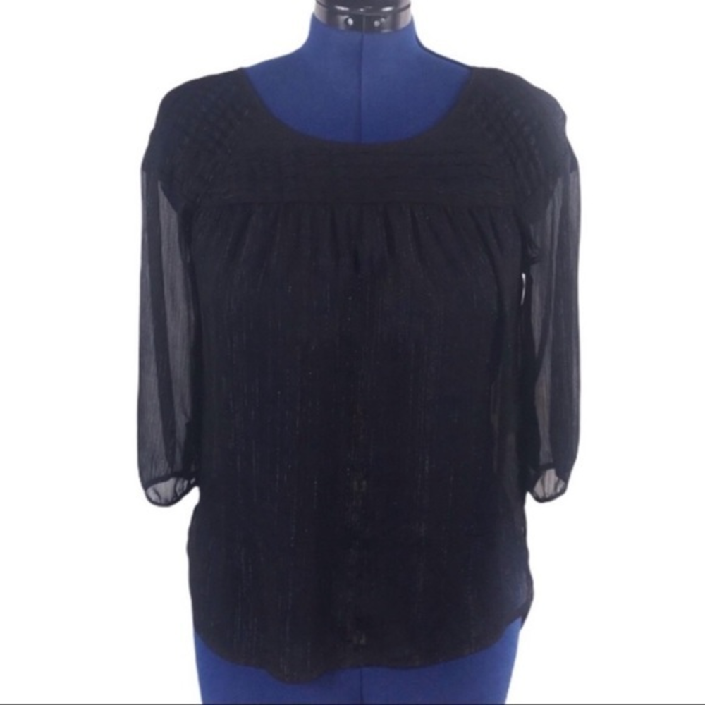 LC Lauren Conrad M semi sheer black metallic stripes flowing 3/4 sleeve top - Picture 1 of 8